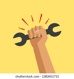 Winner hand up sign. workers or employee revolution against, leadership, politic achievement, businessman shouting logo label. Labour day. cartoon concept illustration.