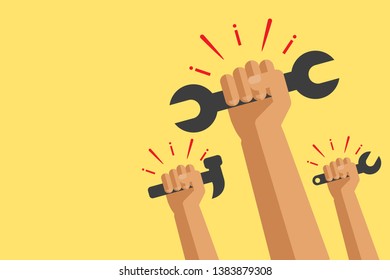 Winner hand up sign. workers or employee revolution against, leadership, politic achievement, businessman shouting logo label. Labour day. cartoon concept illustration.