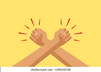 Winner hand up sign. workers or employee revolution against, leadership, politic achievement, businessman shouting logo label. Labour day. cartoon concept illustration.