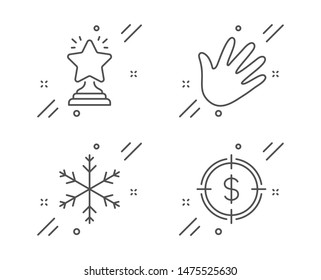 Winner, Hand and Snowflake line icons set. Dollar target sign. Best star, Swipe, Snow. Aim with usd. Business set. Line winner outline icon. Vector