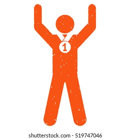 Winner Hands Up grainy textured orange icon for overlay watermark stamps. Flat symbol with dust texture. Dotted vector ink rubber seal stamp with grunge design on a white background.