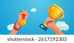 Winner Hands Holding Gold Trophy and Medal on Blue Sky Background, Celebrating First Place Victory and Achievement. 3D Cartoon Style. Vector Illustration