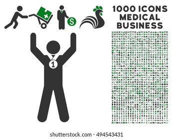 Winner Hands Up icon with 1000 medical commercial green and gray vector design elements. Set style is flat bicolor symbols, white background.