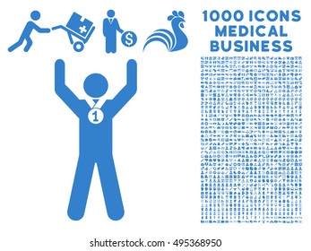 Winner Hands Up icon with 1000 medical business cobalt vector pictographs. Collection style is flat symbols, white background.