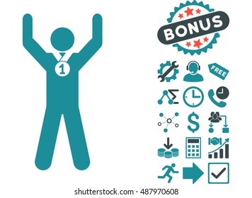 Winner Hands Up icon with bonus design elements. Vector illustration style is flat iconic bicolor symbols, soft blue colors, white background.