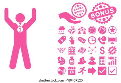 Winner Hands Up icon with bonus design elements. Vector illustration style is flat iconic symbols, pink color, white background.
