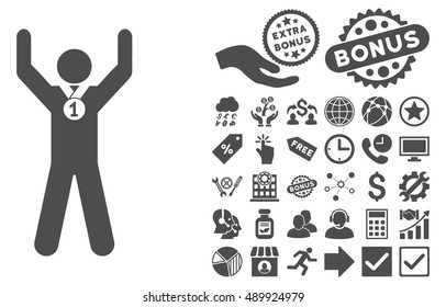 Winner Hands Up icon with bonus images. Vector illustration style is flat iconic symbols, gray color, white background.