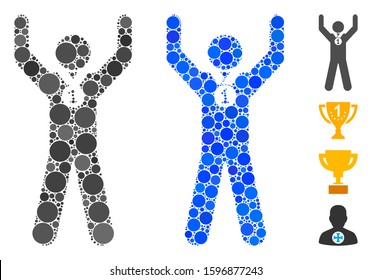 Winner hands up mosaic of round dots in different sizes and color hues, based on winner hands up icon. Vector round dots are combined into blue mosaic.