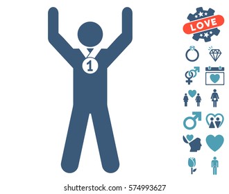 Winner Hands Up pictograph with bonus love clip art. Vector illustration style is flat iconic cyan and blue symbols on white background.