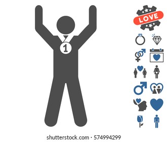 Winner Hands Up pictograph with bonus love pictures. Vector illustration style is flat iconic cobalt and gray symbols on white background.