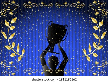 winner having a trophy with golden laurel leaf background
