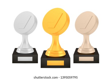 Winner hockey awards set, gold silver bronze trophy cups on stands with empty plates, three logo icons isolated on white background, photo realistic vector illustration puck with reflection