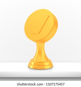 Winner hockey cup award, golden trophy logo isolated on white shelf table background, photo realistic vector illustration puck with reflection