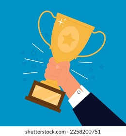 Winner hold golden cup. Celebration prize success, hand hold gold trophy goblet. Business award, sport champion reward, decent vector background