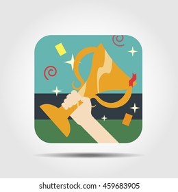 winner holding cup trophy flat icon with long shadow, vector illustration