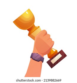 Winner is holding a goblet in hand, Idea of ​​achievement, leadership, victory, success. Champion cup, trophy. Golden prize. Icon for 2d game. Cartoon vector illustration.
