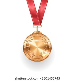 Winner honor gold medal with leaves pattern realistic vector illustration. First place precious metal reward 3d object on white background