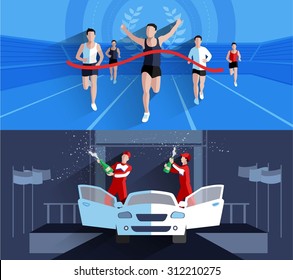 Winner horizontal banners composition with sports competitions flat isolated vector illustration 