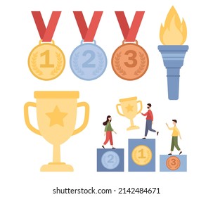 Icono del ganador. Premios, copa trofeo, medallas de primer lugar y ganadores de podio ambientados. Concepto de campeón. Ilustración plana del vector