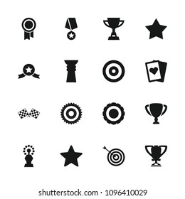 Winner icon. collection of 16 winner filled icons such as target, playing card, finish flag, trophy, star, medal with star, award. editable winner icons for web and mobile.