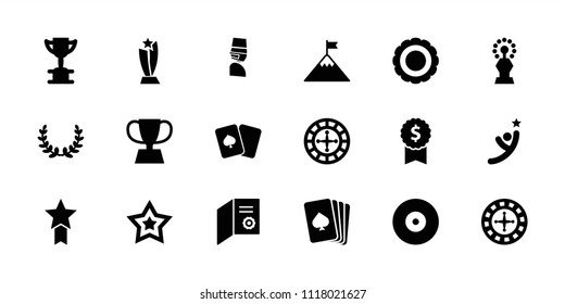 Winner icon. collection of 18 winner filled icons such as playing card, roulette, diploma, trophy, olive wreath, flag on mountain. editable winner icons for web and mobile.