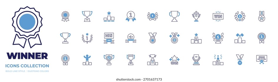 Winner icon collection. Bold line style. Duotone colors. medal, laurel wreath, winner, win, trophy, award, st place, podium, ranking, winning, first position.