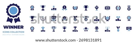 Winner icon collection. Bold style. Duotone colors. medal, laurel wreath, winner, win, trophy, award, st place, podium, ranking, winning, first position.