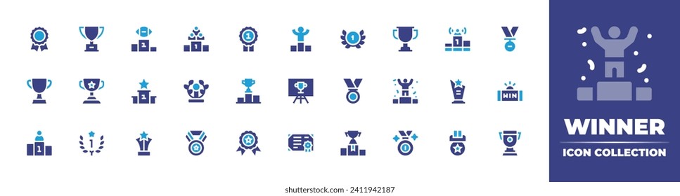 Winner icon collection. Duotone color. Vector and transparent illustration. Containing medal, laurel wreath, award, trophy, pedestal, position, winning, first position, first prize, winner, win.