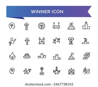 Winner icon collection. Related to victory, success, prize, celebration, podium, win money, finish line and trophy icons. Line icon set.