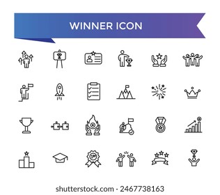 Winner icon collection. Related to victory, success, prize, celebration, podium, win money, finish line and trophy icons. Line icon set.