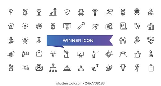 Winner icon collection. Related to victory, success, prize, celebration, podium, win money, finish line and trophy icons. Line icon set.