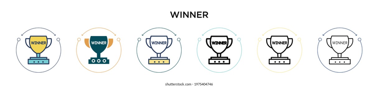 Winner icon in filled, thin line, outline and stroke style. Vector illustration of two colored and black winner vector icons designs can be used for mobile, ui, web