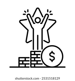Winner icon. Human standing on money coin. Outline style. Vector. Isolate on white background.