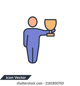winner icon logo vector illustration. man holds winner award cup symbol template for graphic and web design collection