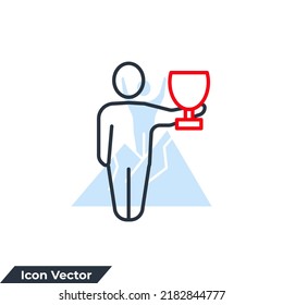 winner icon logo vector illustration. man holds winner award cup symbol template for graphic and web design collection