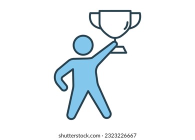 Winner icon. Man holding trophy cup. icon related to celebration, winner, success, reward. Flat line icon style design. Simple vector design editable