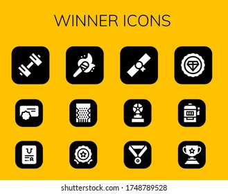 winner icon set. 12 filled winner icons.  Simple modern icons such as: Sport, Reward, Certificate, Torch, Slot machine, Medal, Diploma, Trophy, Premium