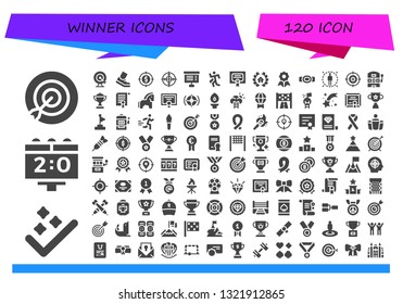 winner icon set. 120 filled winner icons.  Collection Of - Target, Success, Scoreboard, Goal, Running, Project, Run, Merit, Awards, Quality, Champion belt, Slot machine, Trophy