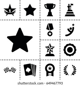 Winner icon. set of 13 filled winnericons such as pllaying card, trophy, finish flag, 1st place star, olive branch, star, award, man at the top of the mountain with flag
