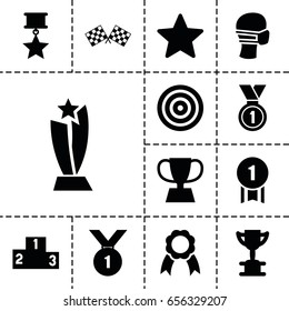 Winner icon. set of 13 filled winner icons such as medical mask, ribbon, trophy, medal, finish flag, ranking, star, number 1 medal, medal with star