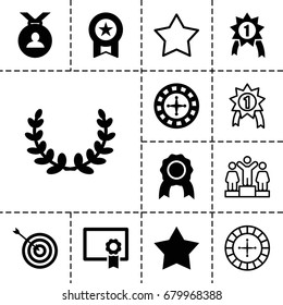 Winner icon. set of 13 filled and outline winner icons such as roulette, target, medal, diploma, star, olive wreath, number 1 medal, star
