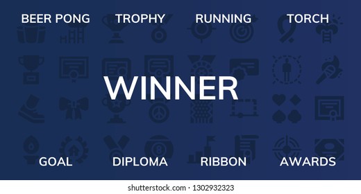 winner icon set. 32 filled winner icons. on blue background style Simple modern icons about  - Beer pong, Trophy, Running, Torch, Goal, Diploma, Ribbon, Awards, Certificate, Medal