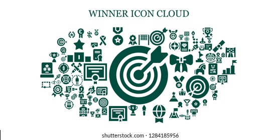  winner icon set. 93 filled winner icons. Simple modern icons about  - Target, Quality, Prize, Medal, Volleyball net, Torch, Trophy, Diploma, Goal, Run, Awards, Reward, Ribbon