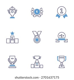 Symbol-Set für Gewinner. Fette Linienart. Duotonfarben. Bearbeitbarer Strich. Lorbeerkranz, Trophäe, Platz, Medaille, Ranking, gewinnen, Cup.