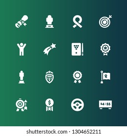 winner icon set. Collection of 16 filled winner icons included Scoreboard, Racing game, Award, Goal, Ribbon, Prize, Monaco, Medal, Billiard, Shooting star, Success, Target, Diploma