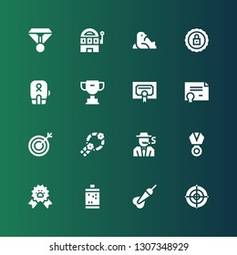 winner icon set. Collection of 16 filled winner icons included Dartboard, Dart, Slot machine, Paw ribbon, Medal, Gambler, Wreath, Target, Certificate, Trophy, Boxing, Certification
