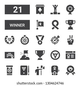 winner icon set. Collection of 21 filled winner icons included Winner, Boxing, Conquer, Billiard, Darts, Certificate, Racing, Trophy, Goal, Diploma, Victory, Medal, Roulette, Laurel
