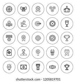 Winner icon set. collection of 25 outline winner icons with beer pong, champion belt, champion, billiard, certificate, goal, goblet, medal, reward icons. editable icons.
