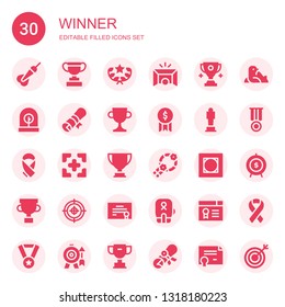 winner icon set. Collection of 30 filled winner icons included Dart, Trophy, Award, Goal, Incubator, Diploma, Ribbon, Target, Wreath, Vignette, Boxing, Certificate, Seal, Medal