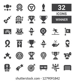 winner icon set. Collection of 32 filled winner icons included Goal, Winner, Scoreboard, Target, Shooting star, Boxing, Horse, Trophy, Medal, Certification, Award, Ribbon, Fame